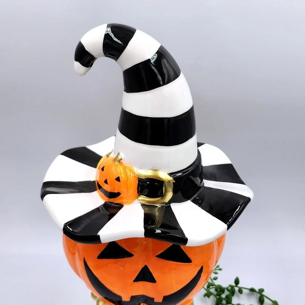 Ghoulish Pumpkin Pedestal Figurine Halloween Black White Striped Witch 14